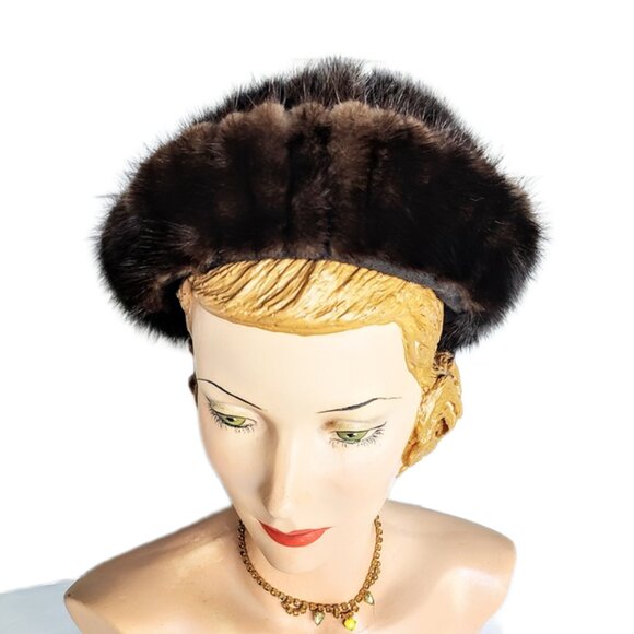 1960s True Vintage Dark Brown Genuine Mink Fur Rolled Brimmed Hat - Picture 2 of 6